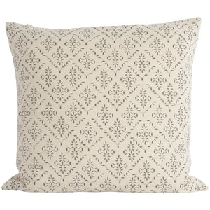 Lindos Pewter Grey Square Cushion - This square cushion has a delicate, olive pattern on a classic calico background. With a bright and vibrant twist, the stylish grey stitching will bring a eye-catching pop of interest.