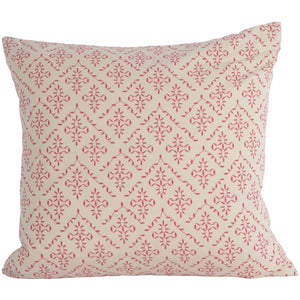 Lindos Square Cushion - this square cushion has a delicate, olive pattern on a classic calico background. With a bright and vibrant twist, the stylish magenta pink stitching will bring a eye-catching pop of colour