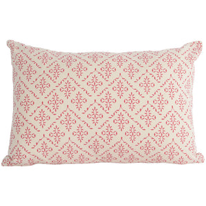 Lindos Rectangle Cushion - this rectangular cushion has a delicate, olive pattern on a classic calico background. With a bright and vibrant twist, the stylish magenta pink stitching will bring a eye-catching pop of colour 