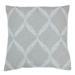 Olivia - Luxurious linen-look grey cushion features delicate lattice embroidery and piped edges